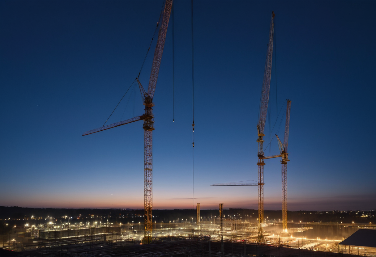 Gro&szlig;e Baustelle mit Turmdrehkranen in der D&auml;mmerung
