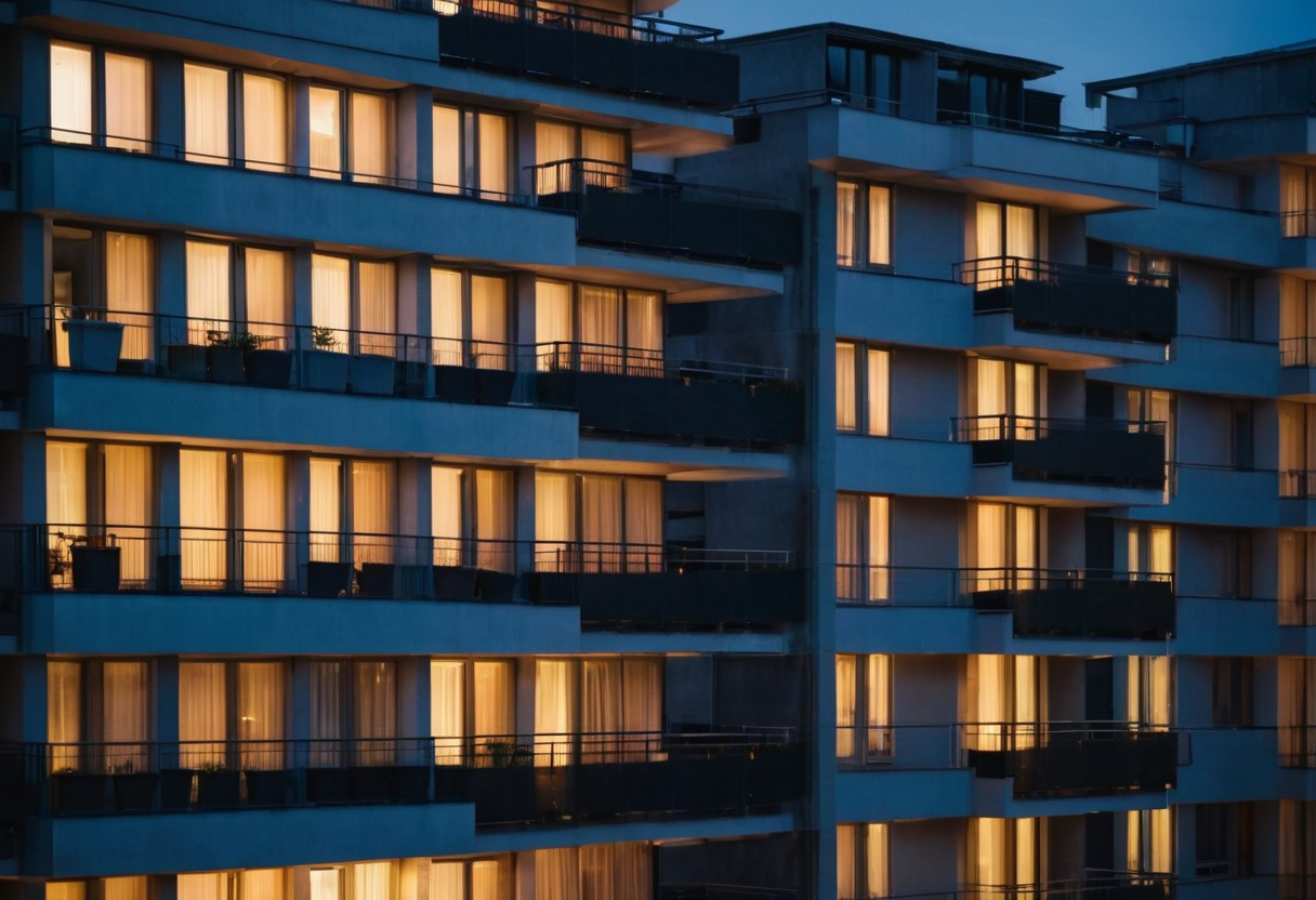 Modernes Wohngebäude in der Dämmerung
