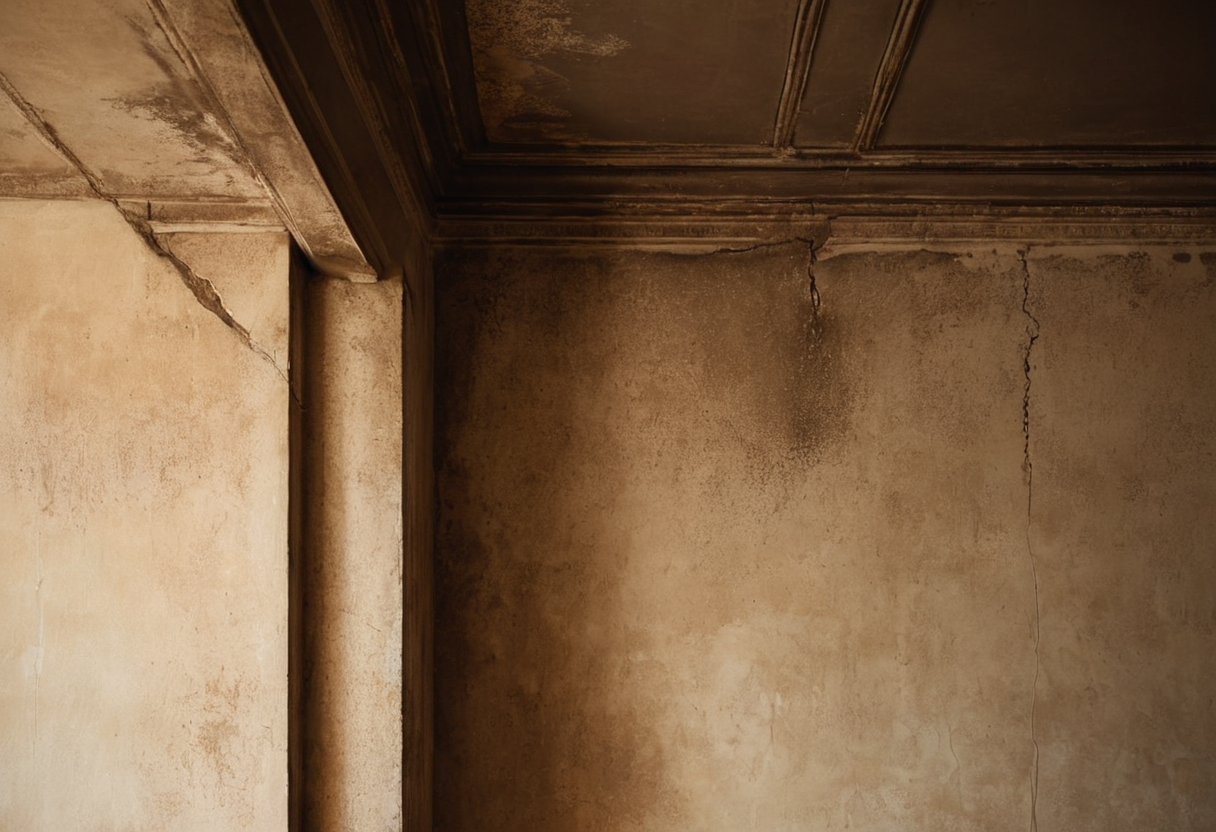 Feuchteschaden an Wand und Decke im Detail