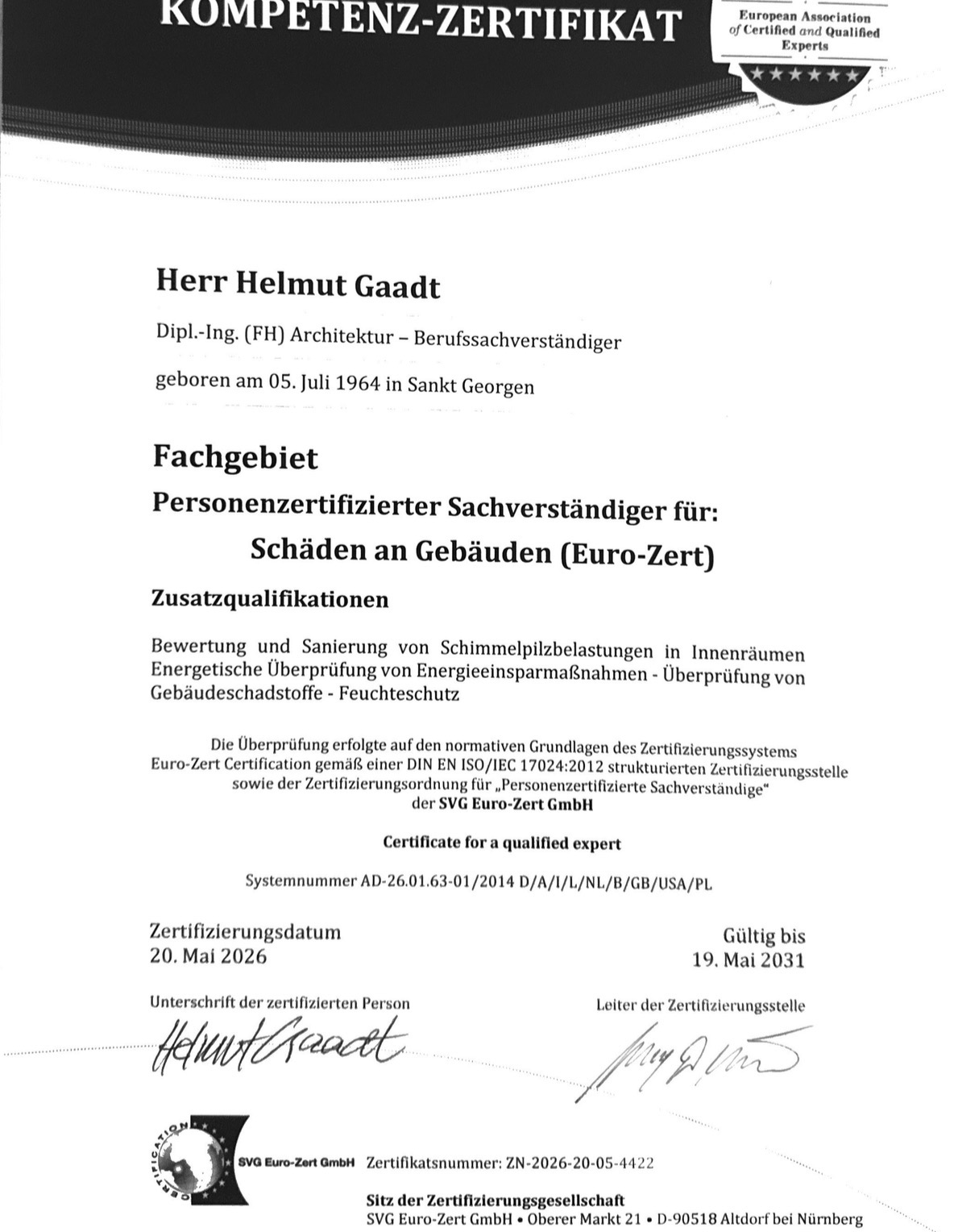 Kompetenz-Zertifikat Euro-Zert f&uuml;r Helmut Gaadt
